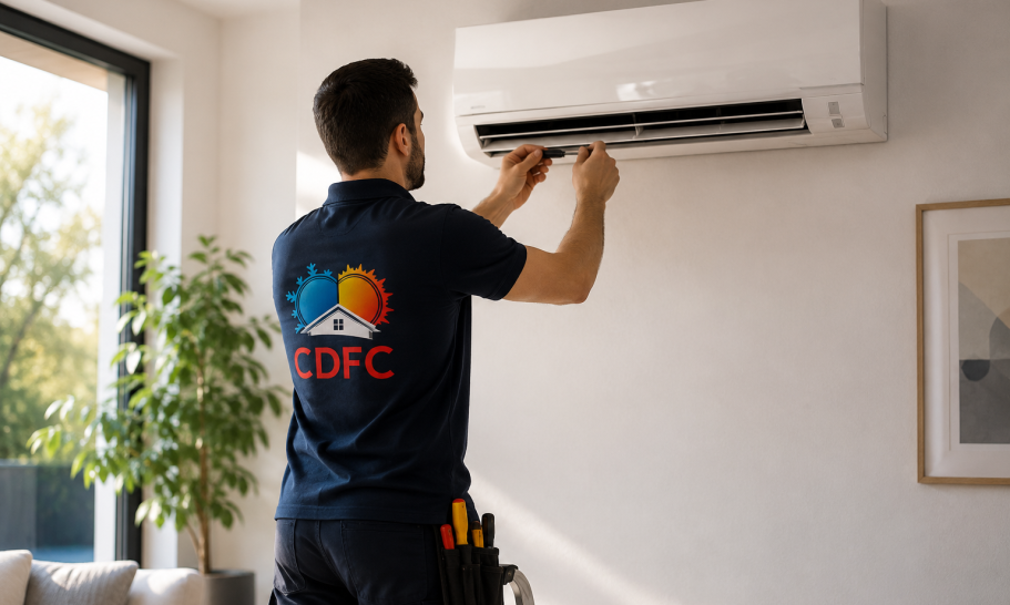 Technicien CDFC réalisant l'entretien d'une climatisation murale dans une habitation du Loiret