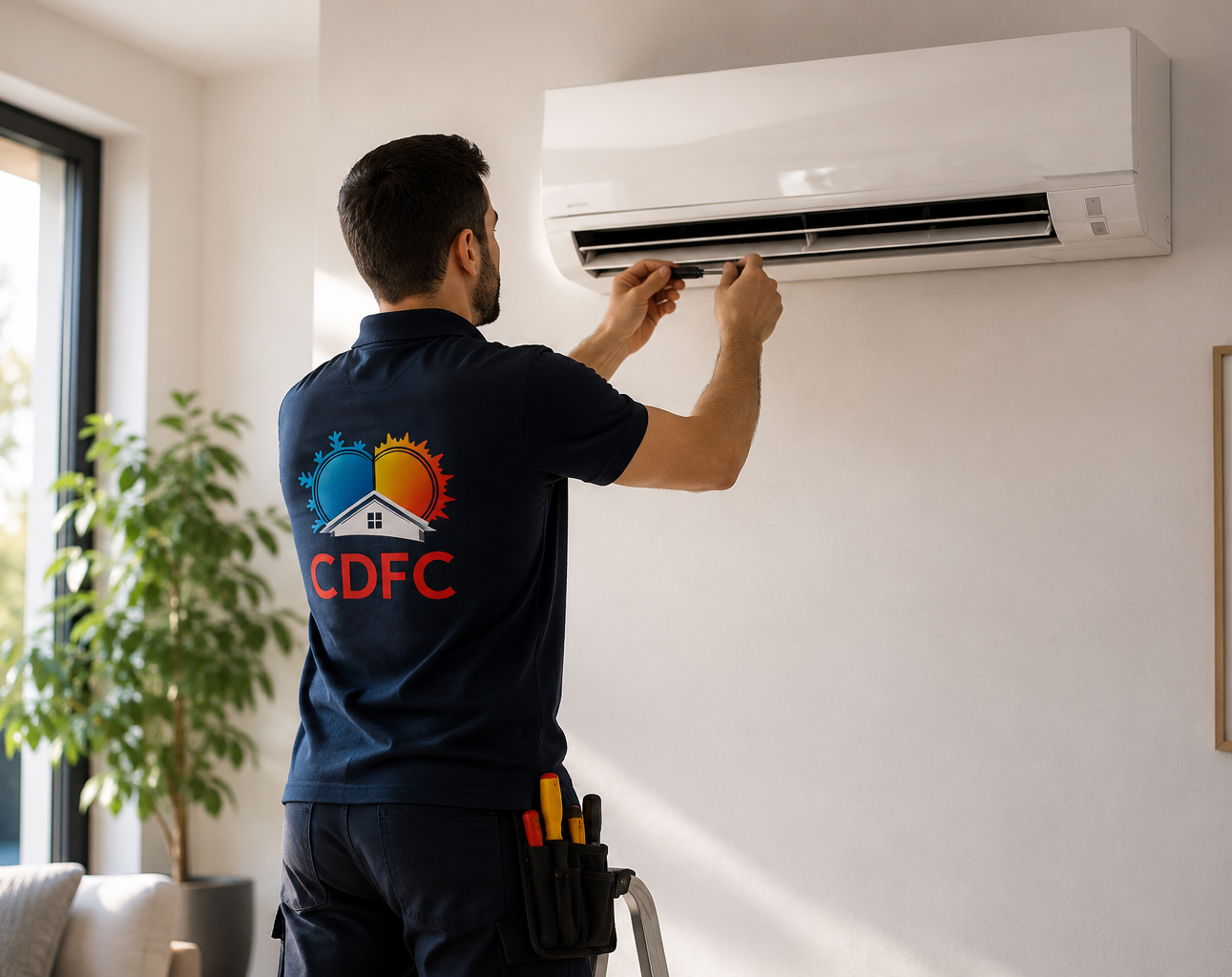 Entretien d'une climatisation murale Technicien CDFC réalisant l'entretien d'une climatisation