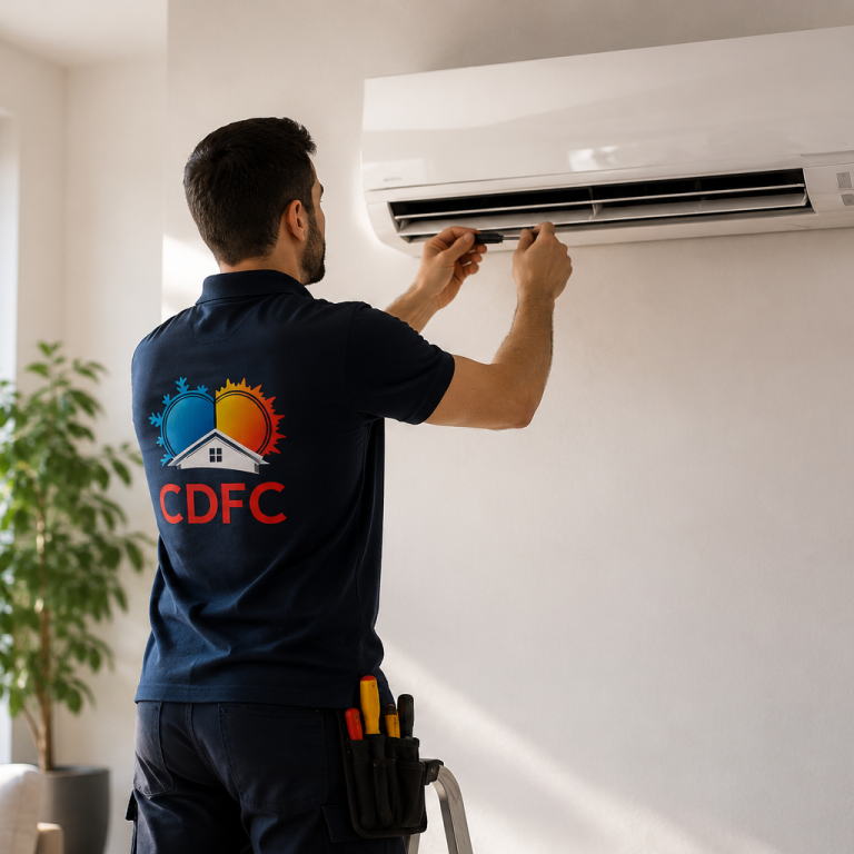 Technicien CDFC intervenant sur une climatisation Technicien CDFC intervenant sur une climatisation