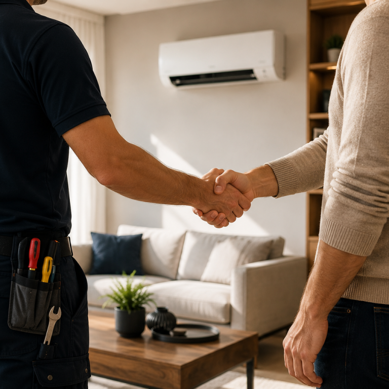 Technicien CDFC serrant la main d'un client après une installation de climatisation dans le Loiret